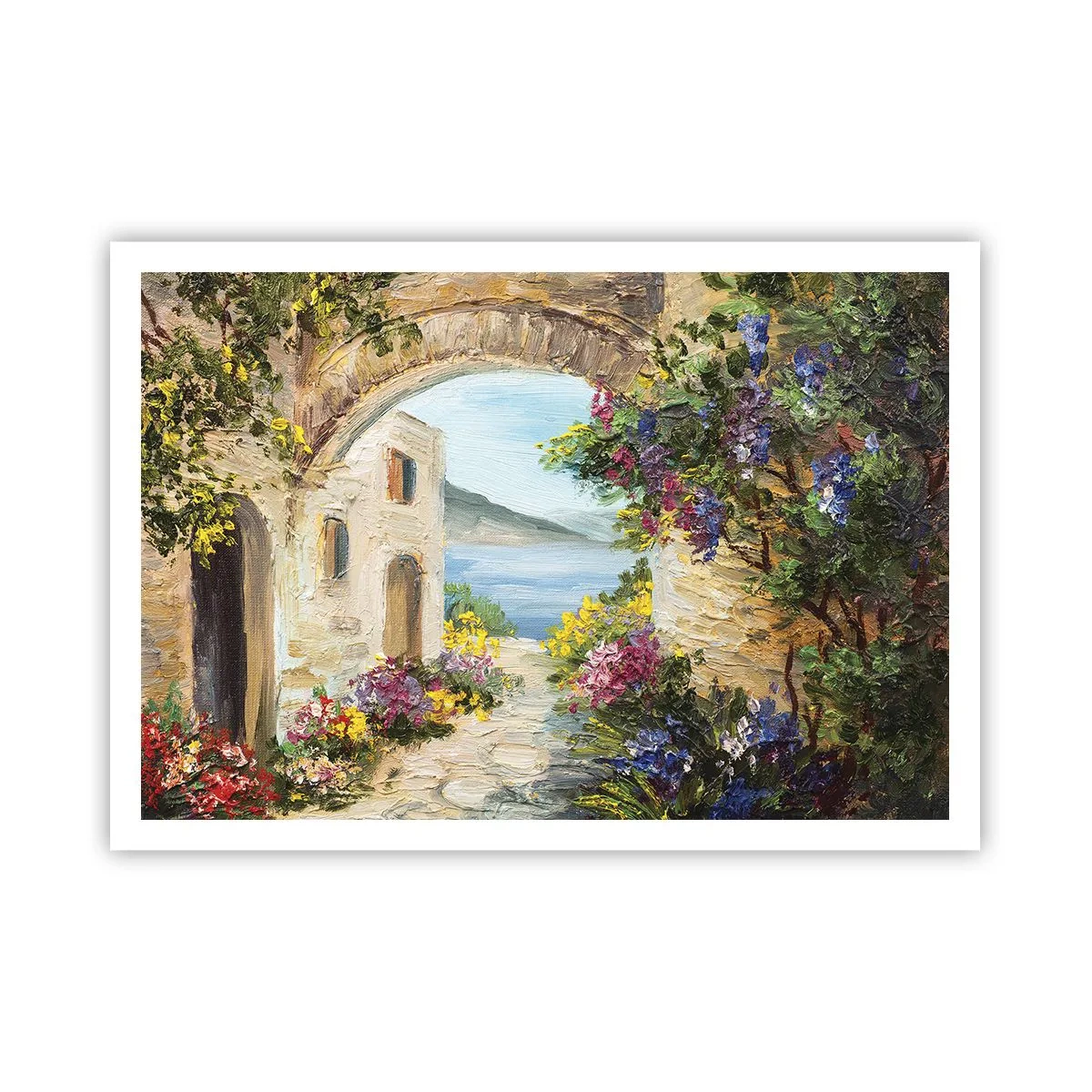Póster - Paisaje costero con edificios de piedra y flores. - 100x70cm - El encanto del paisaje costero - Decoración de pared moderna para salón y dormitorio ARTTOR