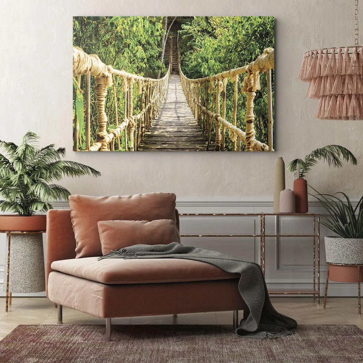 Cuadro sobre lienzo - Impresión de Imagen - Un puente colgante en un bosque tropical lleno de vegetación. - 70x50cm - Suspendido en verde - Decoración de pared moderna para salón y dormitorio ARTTOR