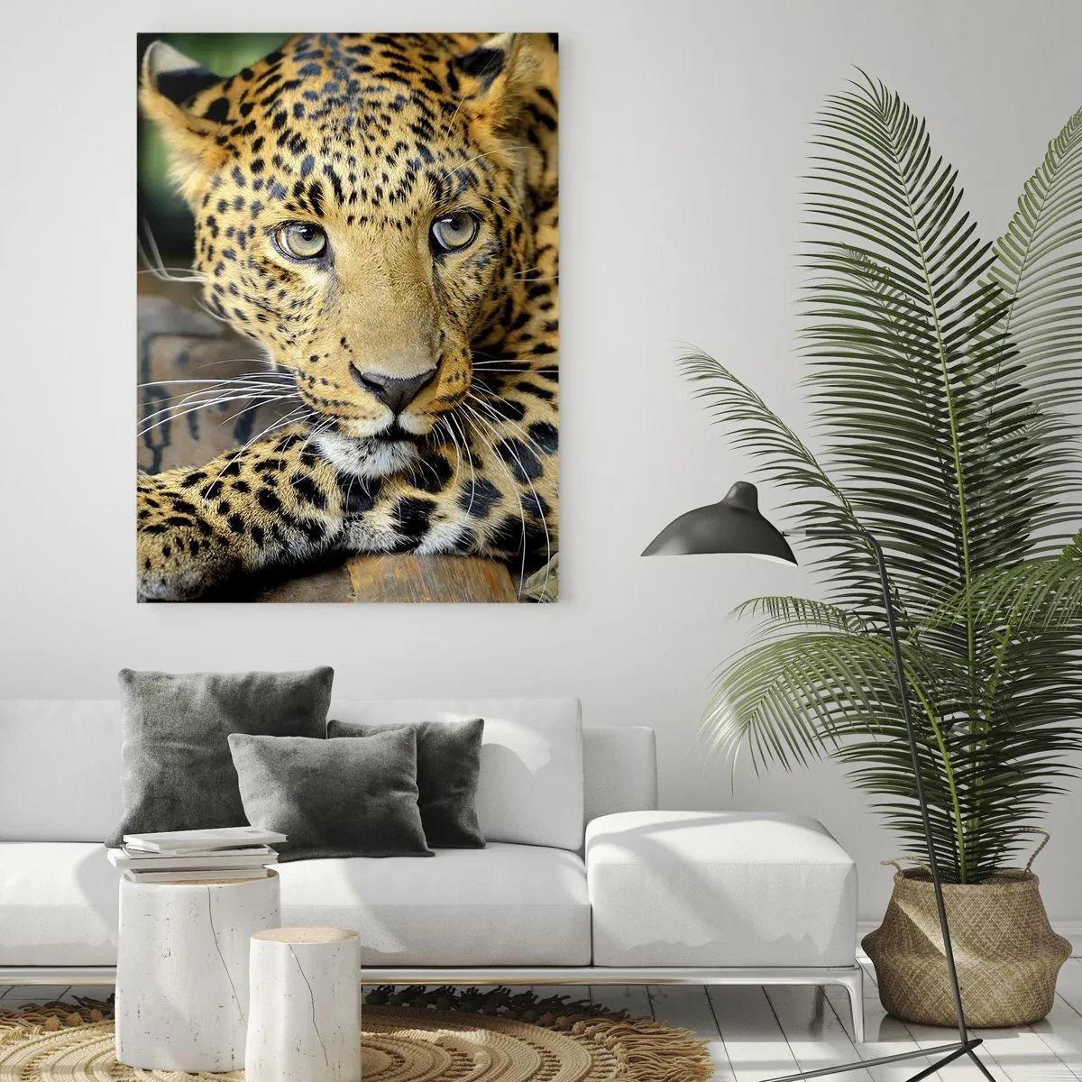Cuadro sobre vidrio - Impresiones sobre Vidrio - Leopardo descansando sobre una superficie de madera - 50x70cm - No tengas miedo, vamos - Decoración de pared moderna para salón y dormitorio ARTTOR