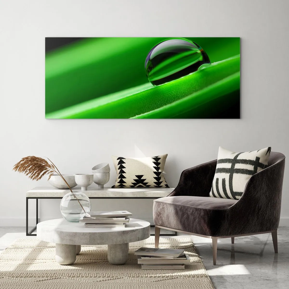 Cuadro sobre vidrio - Impresiones sobre Vidrio - Primer plano de una gota de rocío sobre una hoja verde - 140x50cm - La vida de cerca - Decoración de pared moderna para salón y dormitorio ARTTOR