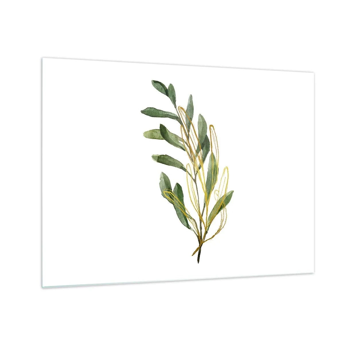 Cuadro sobre vidrio - Impresiones sobre Vidrio - Una rama verde con un delicado acento dorado. - 70x50cm - La vida se abre camino - Decoración de pared moderna para salón y dormitorio ARTTOR