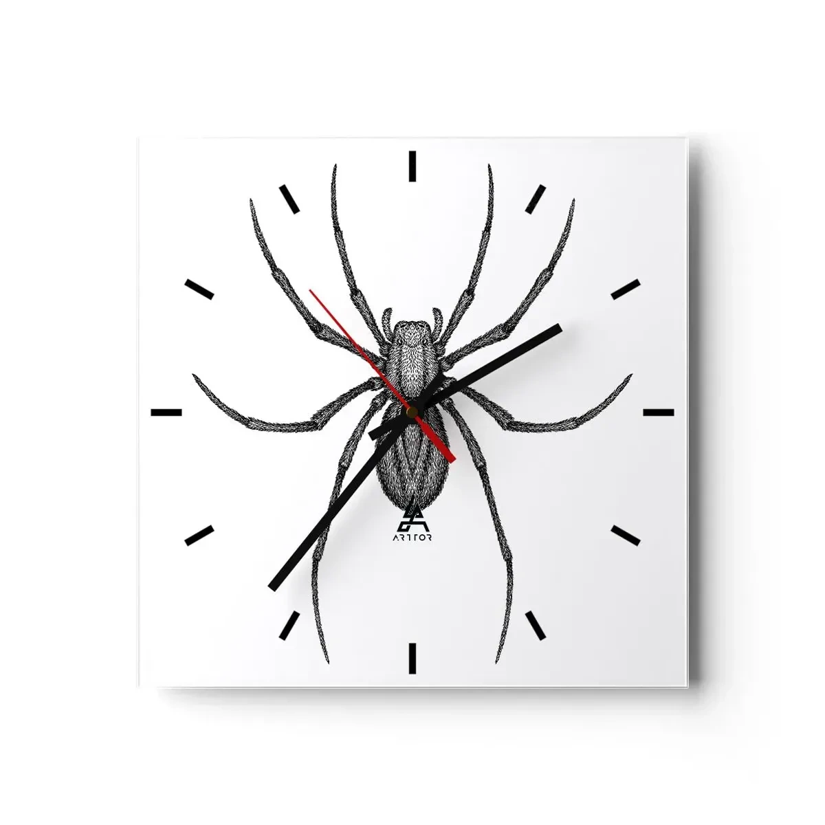 Reloj de pared - Reloj de vidrio - Detalle de una araña sobre un fondo blanco en estilo de dibujos animados. - 30x30cm - Precisión inquietante - Decoración de pared moderna para salón y dormitorio ARTTOR