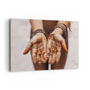 Cuadro sobre lienzo - Impresión de Imagen - Primer plano de manos con purpurina en tonos cálidos. - 120x80cm - Un regalo para ti - Decoración de pared moderna para salón y dormitorio ARTTOR