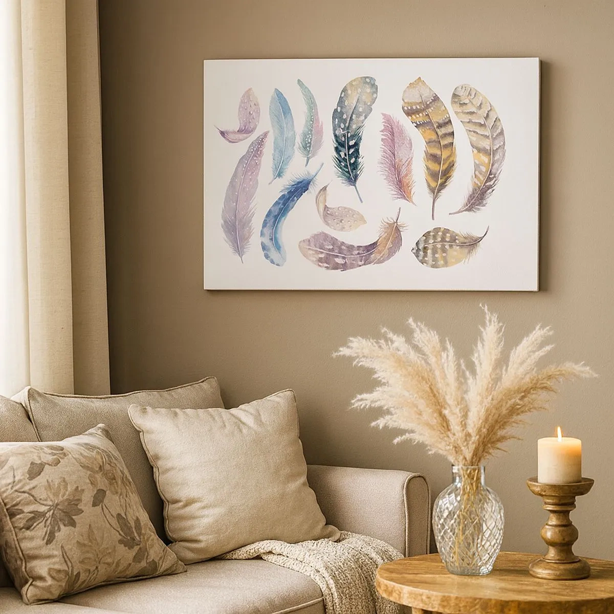 Cuadro sobre lienzo - Impresión de Imagen - Plumas de colores en un delicado estilo de acuarela. - 70x50cm - Ligero, colorido y multicolor - Decoración de pared moderna para salón y dormitorio ARTTOR