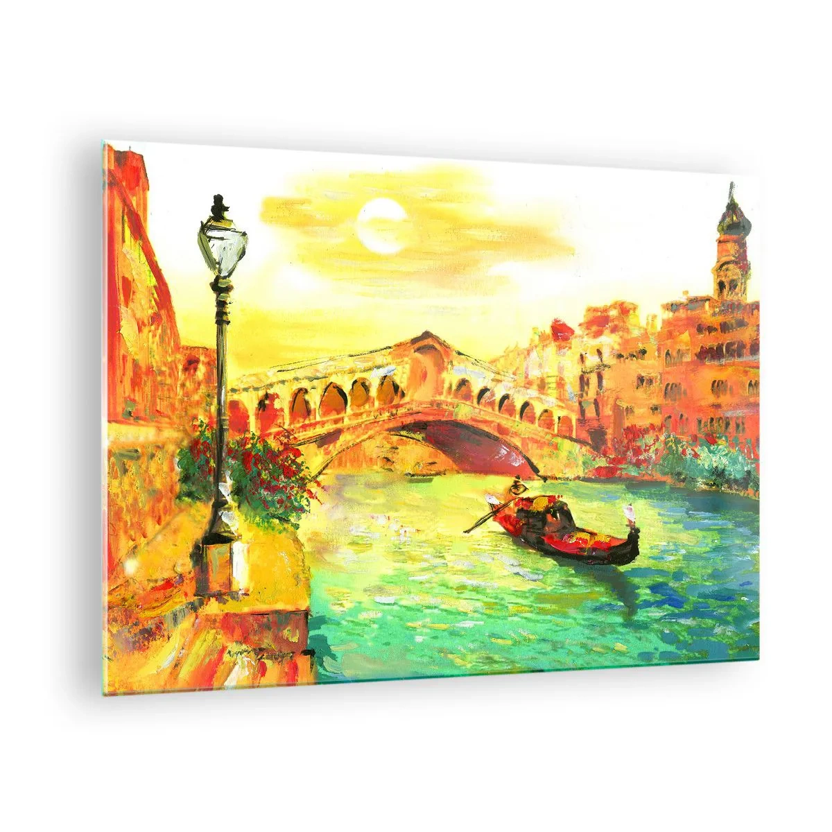 Cuadro sobre vidrio - Impresiones sobre Vidrio - Canal con góndola y puente bajo los rayos del sol poniente - 70x50cm - Peregrinación de los amantes - Decoración de pared moderna para salón y dormitorio ARTTOR
