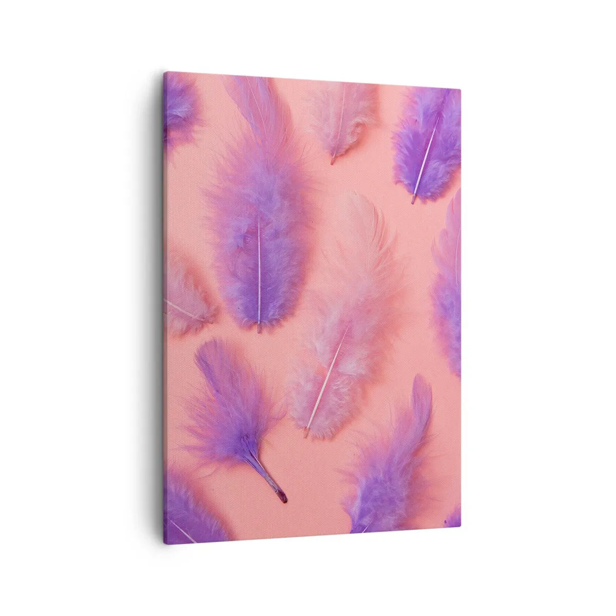 Cuadro sobre lienzo - Impresión de Imagen - Plumas moradas y rosas sobre un fondo pastel. - 50x70cm - Un pájaro lila del deseo - Decoración de pared moderna para salón y dormitorio ARTTOR