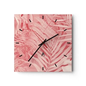 Reloj de pared - Reloj de vidrio - Hojas tropicales rosas en un estilo delicado y minimalista. - 30x30cm - Concepto rosa - Decoración de pared moderna para salón y dormitorio ARTTOR