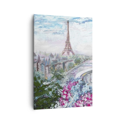 Cuadro sobre lienzo - Impresión de Imagen - Una vista romántica de París con la Torre Eiffel y un balcón lleno de flores. - 70x100cm - Mayo mágico en París - Decoración de pared moderna para salón y dormitorio ARTTOR