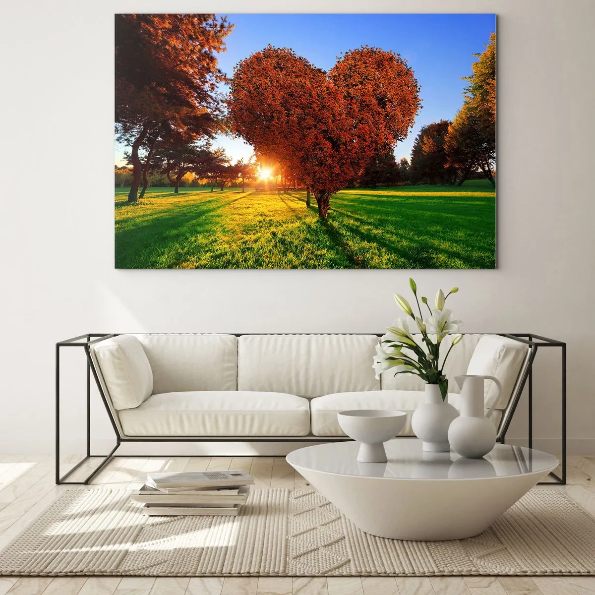 Cuadro sobre vidrio - Impresiones sobre Vidrio - Un árbol en forma de corazón con el sol poniente como telón de fondo. - 70x50cm - Y cómo no amar el otoño - Decoración de pared moderna para salón y dormitorio ARTTOR