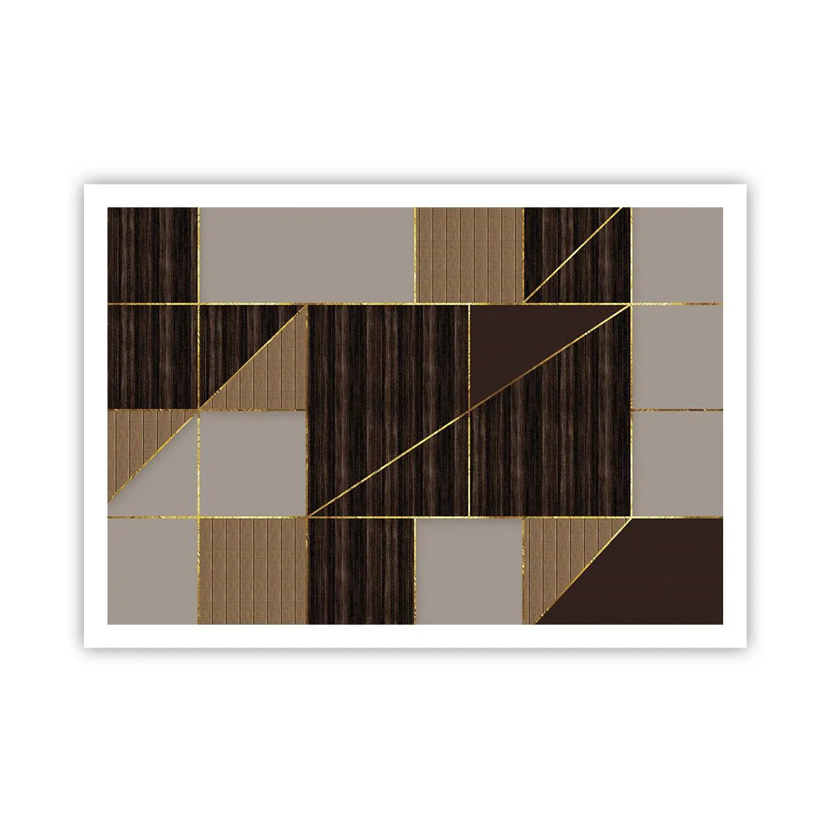 Póster - Patrones geométricos en tonos marrones con líneas doradas. - 100x70cm - Un mosaico de marrones y dorados - Decoración de pared moderna para salón y dormitorio ARTTOR
