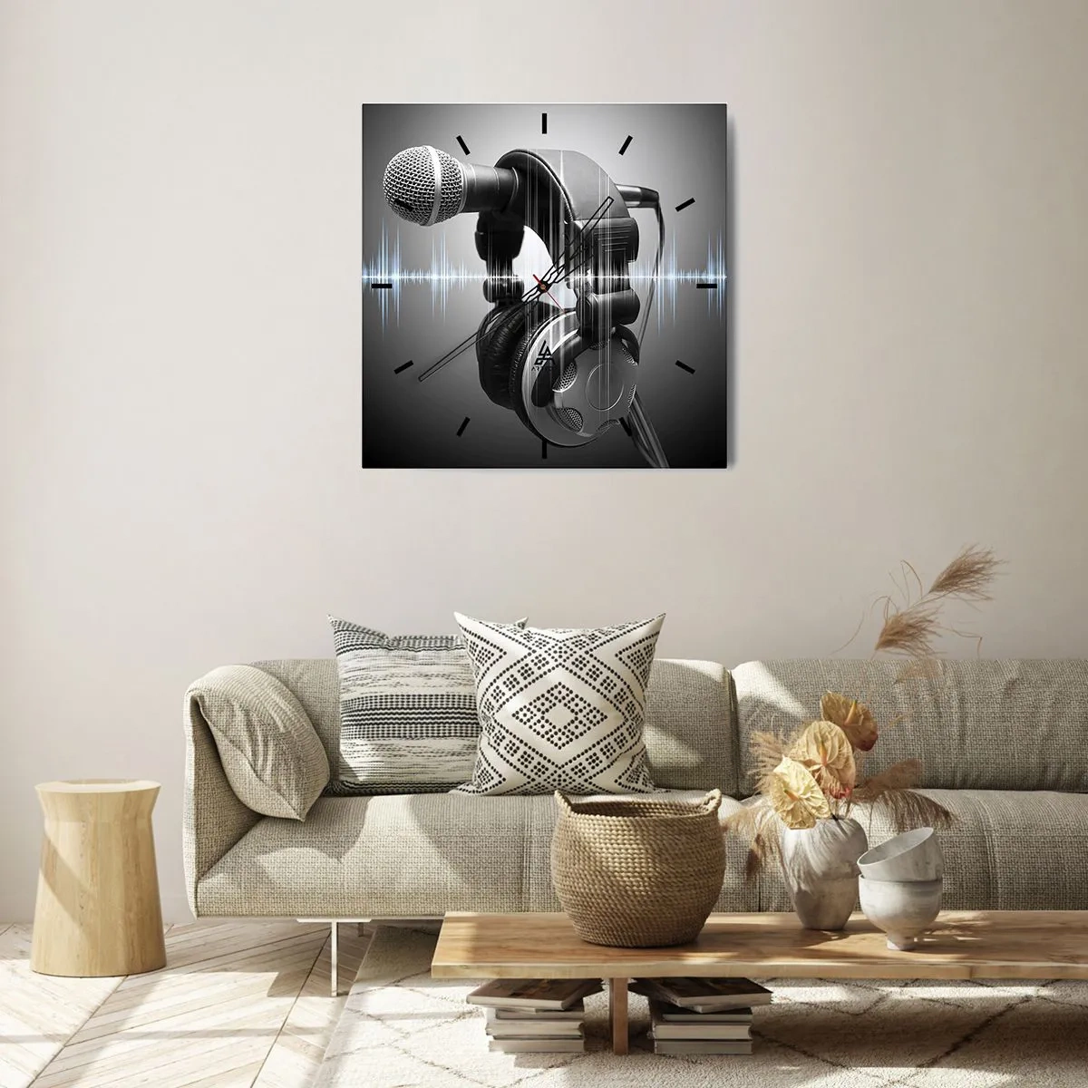 Reloj de pared - Reloj de vidrio - Micrófono y auriculares con visualización de ondas sonoras de fondo. - 30x30cm - Todavía se puede escuchar el canto - Decoración de pared moderna para salón y dormitorio ARTTOR