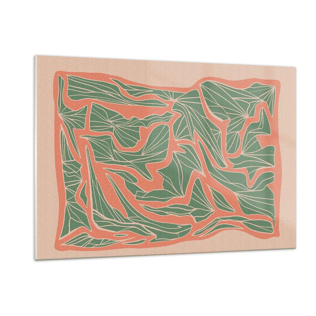 Cuadro sobre vidrio - Impresiones sobre Vidrio - Formas de hojas verdes rodeadas de un marco coral sobre un fondo beige - 120x80cm - Lucha entre el coral y el verde - Decoración de pared moderna para salón y dormitorio ARTTOR