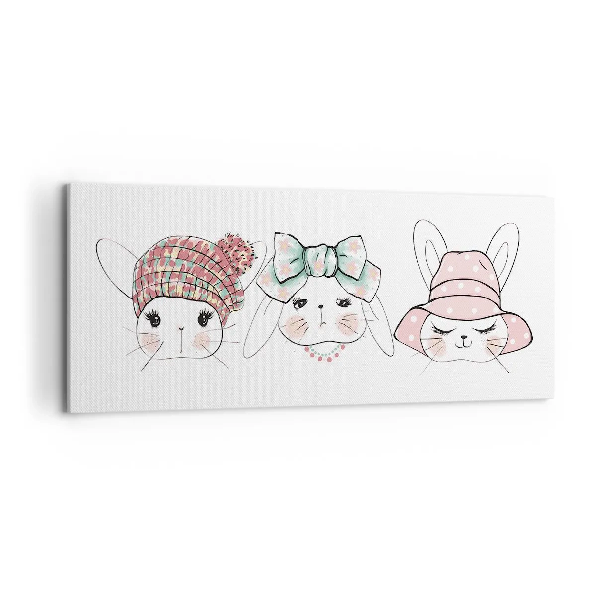 Cuadro sobre lienzo - Impresión de Imagen - Adorables conejitos con tocados en tonos pastel - 120x50cm - Reflexión, tristeza, alegría - Decoración de pared moderna para salón y dormitorio ARTTOR
