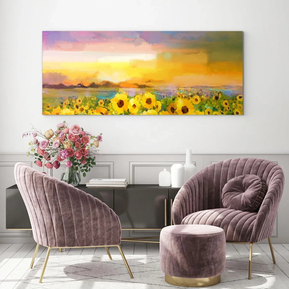 Cuadro sobre vidrio - Impresiones sobre Vidrio - Un campo de girasoles a la luz del sol poniente. - 140x50cm - El propio sol ha bajado a la Tierra - Decoración de pared moderna para salón y dormitorio ARTTOR