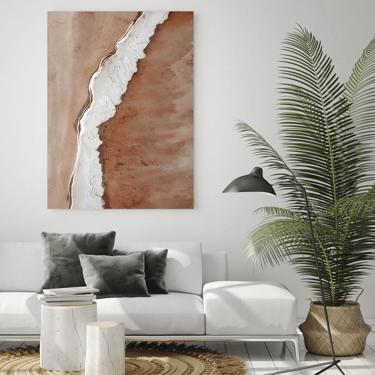 Cuadro sobre vidrio - Impresiones sobre Vidrio - Textura de arena con acentos blancos. - 70x100cm - En colores terrosos - Decoración de pared moderna para salón y dormitorio ARTTOR