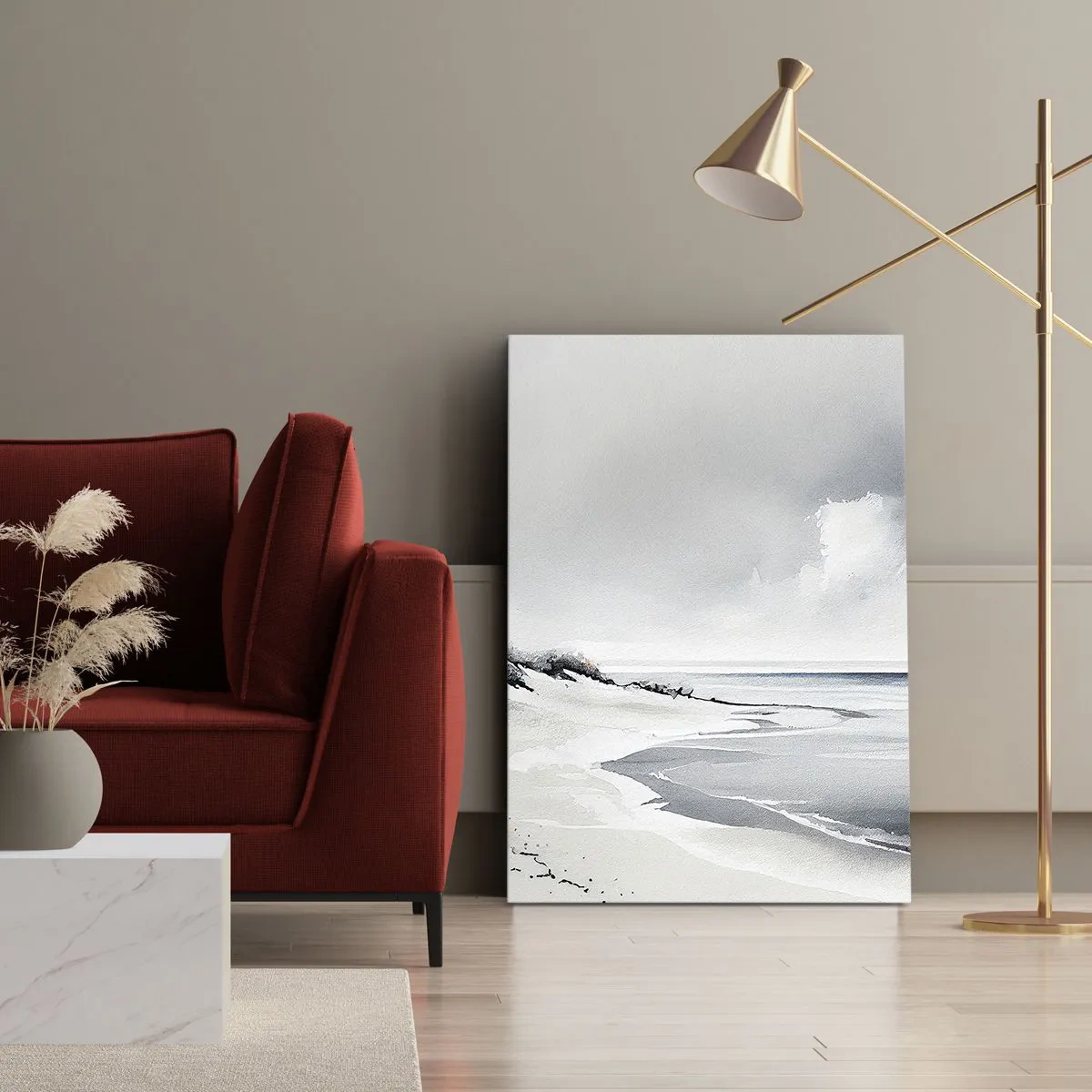 Cuadro sobre lienzo - Impresión de Imagen - Una playa en tonos tenues de gris y azul. - 50x70cm - Juntos desde el principio de los tiempos - Decoración de pared moderna para salón y dormitorio ARTTOR