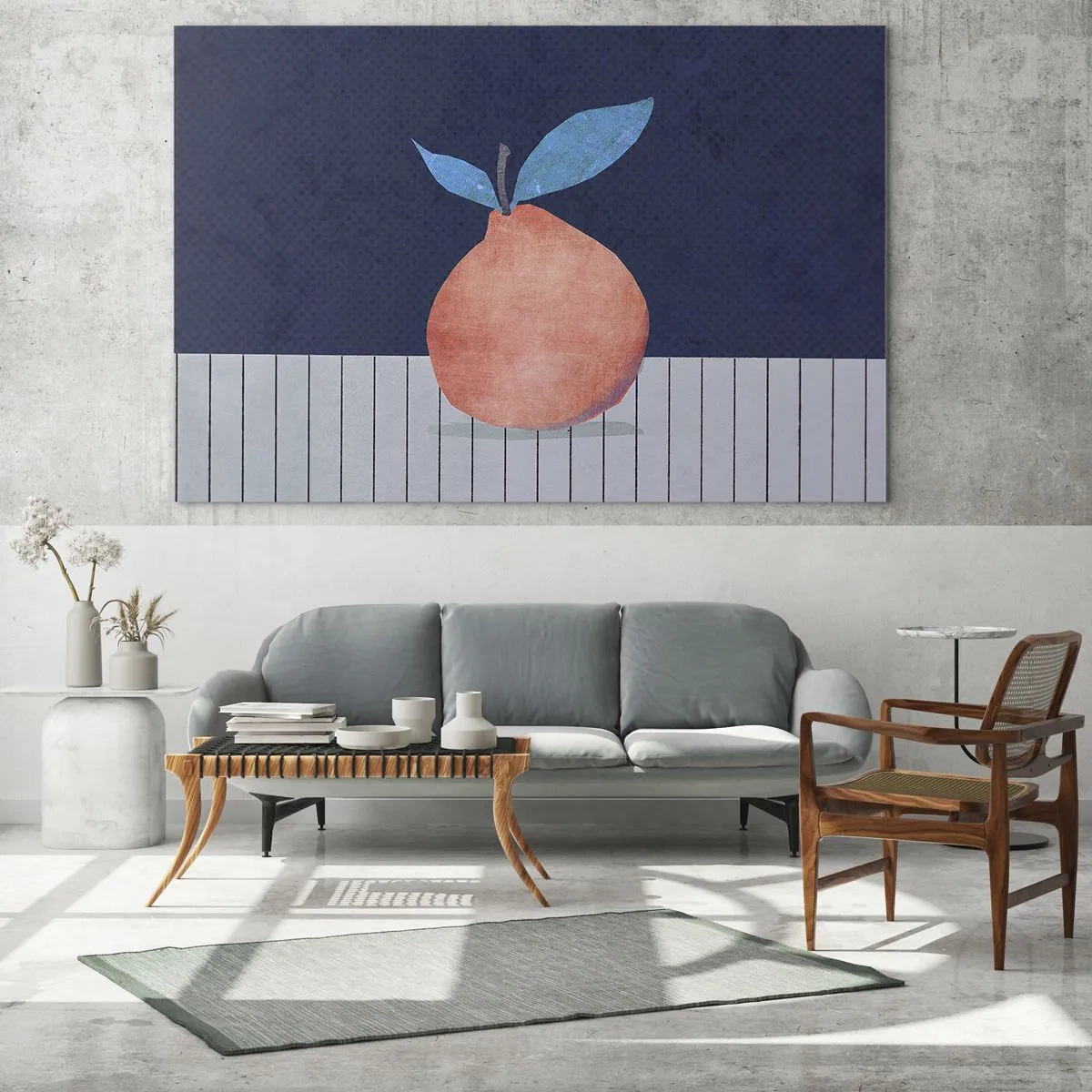 Cuadro sobre vidrio - Impresiones sobre Vidrio - Una fruta con forma abstracta frente a una composición geométrica. - 120x80cm - Convexidad y plano - Decoración de pared moderna para salón y dormitorio ARTTOR