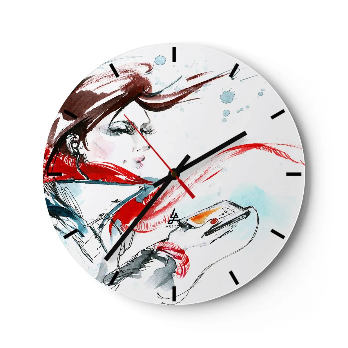 Reloj de pared - Reloj de vidrio - Retrato de una mujer con un pañuelo rojo y una guitarra en estilo acuarela. - 30x30cm - Algo suena dentro de mí - Decoración de pared moderna para salón, cocina y dormitorio ARTTOR