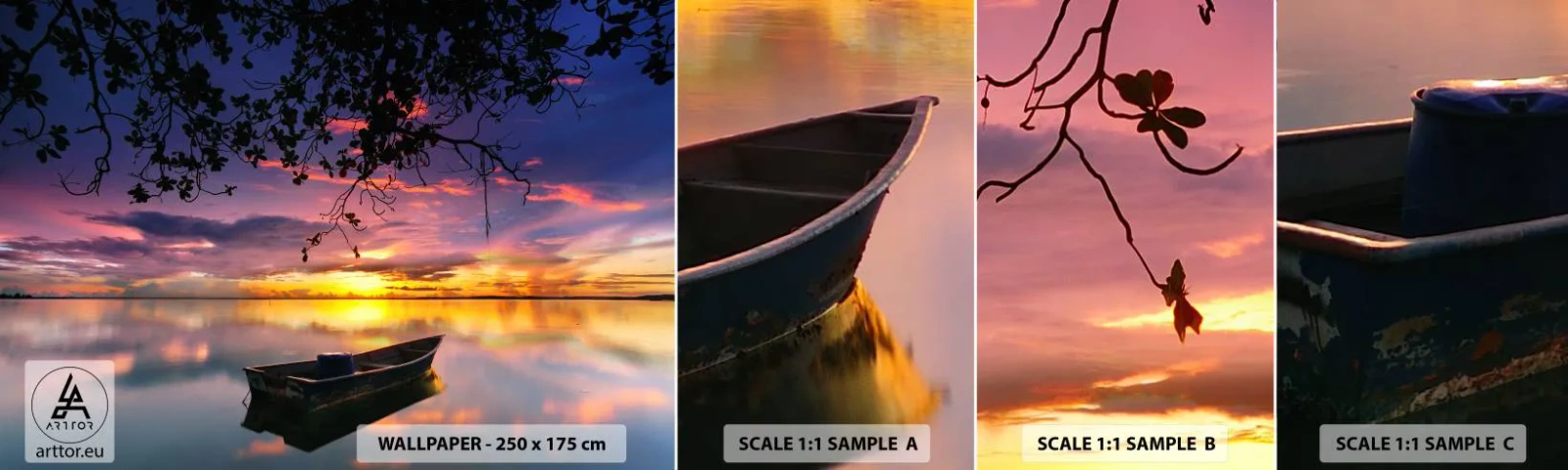 Muestra de fotomural autoadhesivo Deluxe Sticker - Un cielo de ensueño - Paisaje, Atardecer, Lago - 100x30 cm