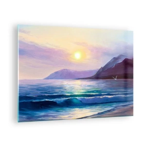 Cuadro sobre vidrio - Impresiones sobre Vidrio - Una pintoresca puesta de sol sobre el mar tranquilo y las montañas. - 70x50cm - Cristal de agua y aire - Decoración de pared moderna para salón y dormitorio ARTTOR