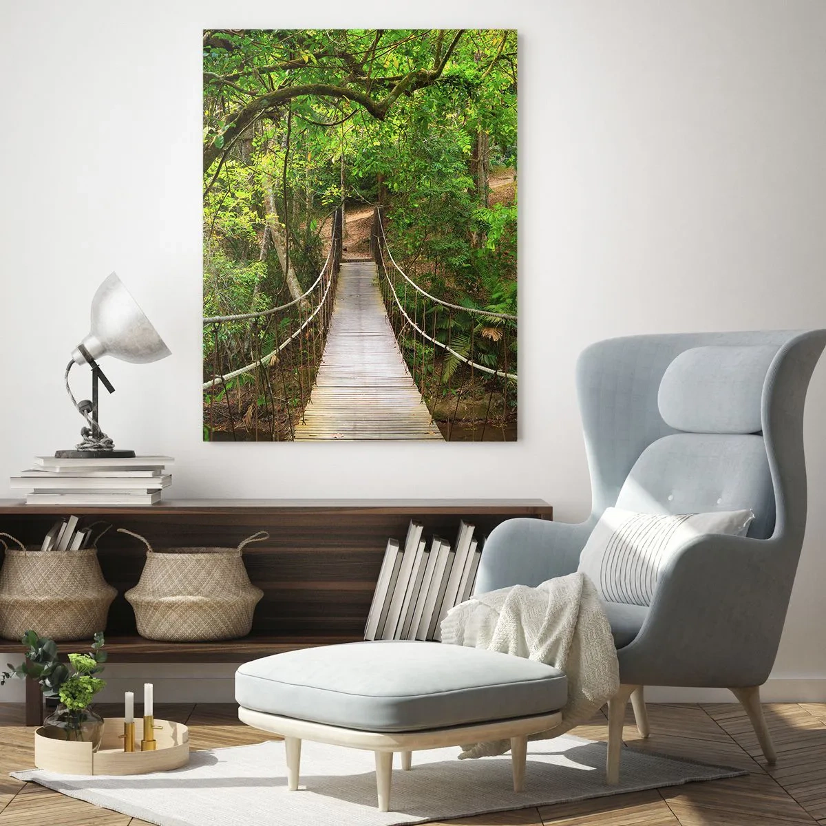 Cuadro sobre vidrio - Impresiones sobre Vidrio - Un puente colgante rodeado de una selva tropical verde. - 80x120cm - Porque la vid crece en el jardín - Decoración de pared moderna para salón y dormitorio ARTTOR