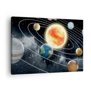 Cuadro sobre lienzo - Impresión de Imagen - Sistema solar con planetas y sol en el espacio. - 70x50cm - Danza cósmica - Decoración de pared moderna para salón y dormitorio ARTTOR