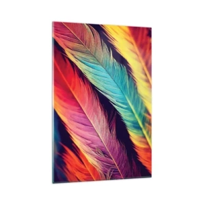 Cuadro sobre vidrio - Impresiones sobre Vidrio - Plumas de colores intensos - 80x120cm - Arco iris plumoso - Decoración de pared moderna para salón y dormitorio ARTTOR
