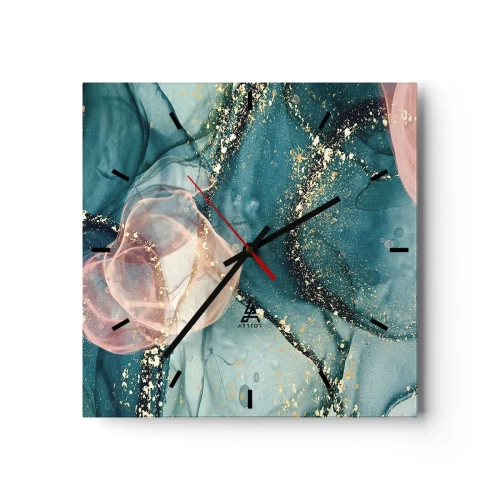 Reloj de pared - Reloj de vidrio - Una composición abstracta en tonos turquesa y dorado. - 30x30cm - Seda azul, tul rosa - Decoración de pared moderna para salón y dormitorio ARTTOR
