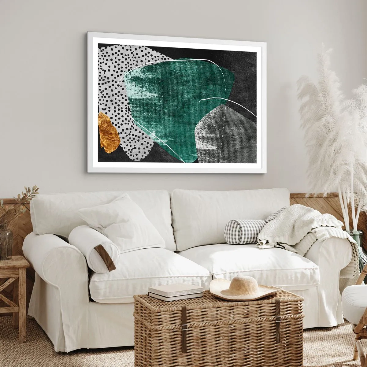 Póster en marco blanco - Abstracción colorista con un copo de oro - 100x70 cm