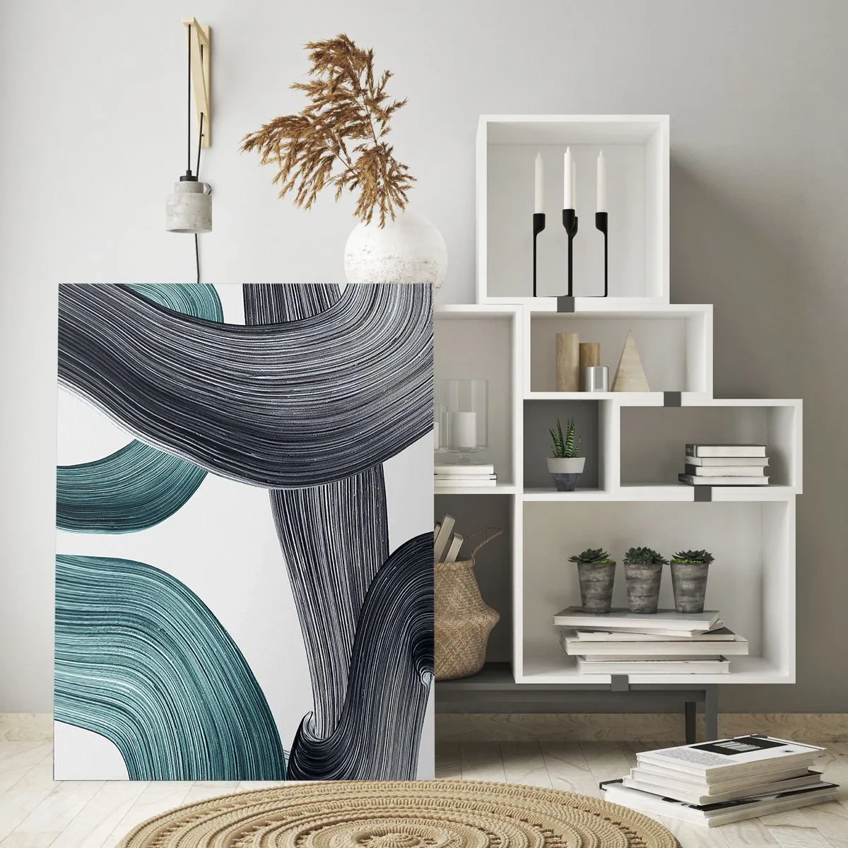 Cuadro sobre vidrio - Impresiones sobre Vidrio - Rayas dinámicas en tonos esmeralda y negro sobre un fondo blanco. - 50x70cm - Senderos esmeralda y negro - Decoración de pared moderna para salón y dormitorio ARTTOR