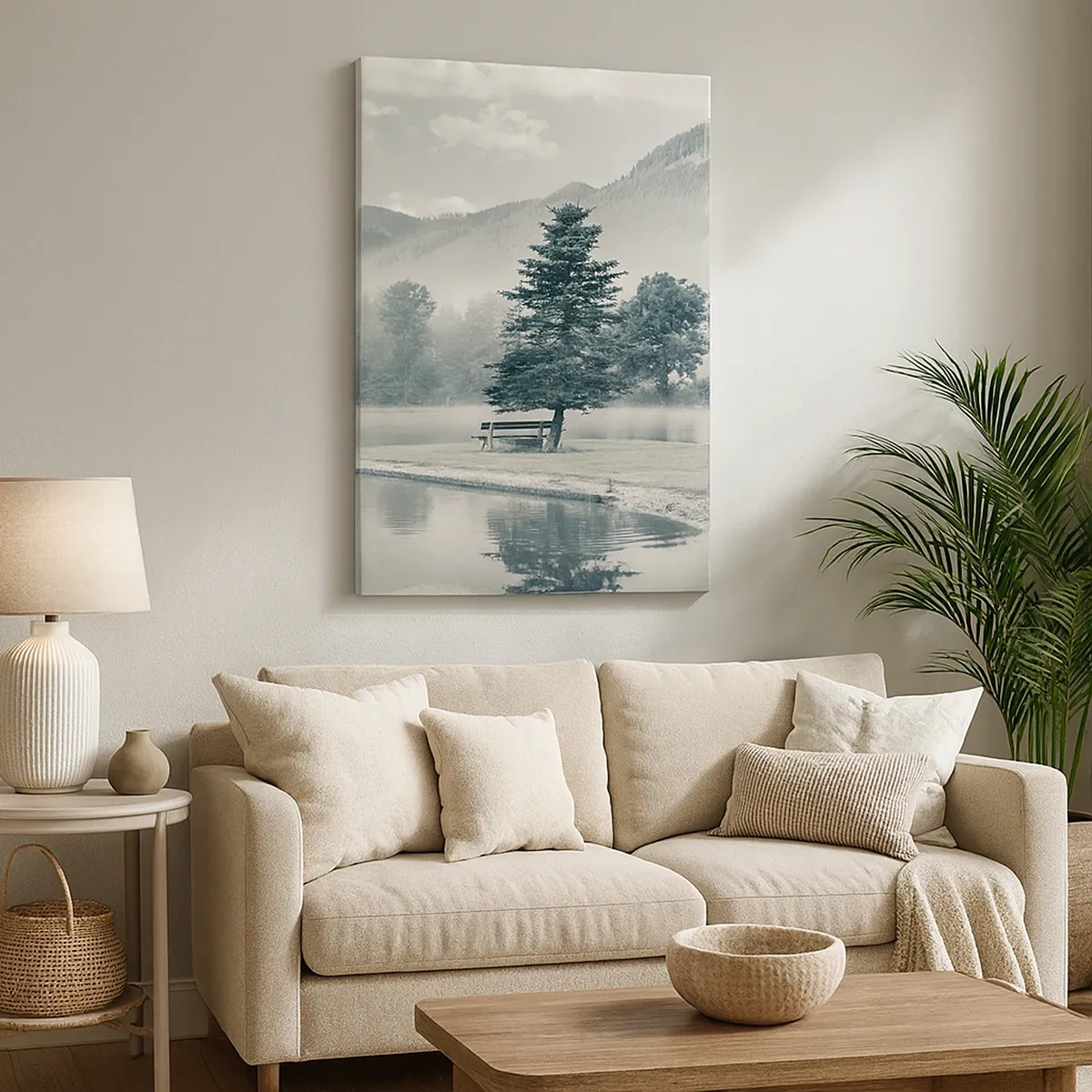 Cuadro sobre lienzo - Impresión de Imagen - Un pintoresco lago con un banco y niebla al fondo. - 50x70cm - El lago sigue durmiendo - Decoración de pared moderna para salón y dormitorio ARTTOR