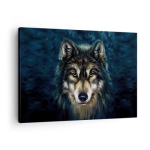 Cuadro sobre lienzo - Impresión de Imagen - Retrato de un lobo sobre un fondo azul oscuro - 70x50cm - ¿Alfa? Y omega - Decoración de pared moderna para salón y dormitorio ARTTOR