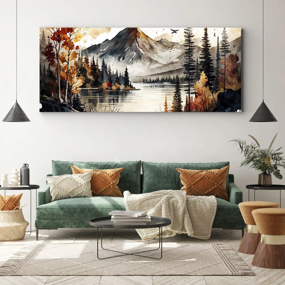 Cuadro sobre lienzo - Impresión de Imagen - Paisaje otoñal de montaña con lago y árboles en acuarela - 160x50cm - Otoño dorado en las montañas - Decoración de pared moderna para salón y dormitorio ARTTOR