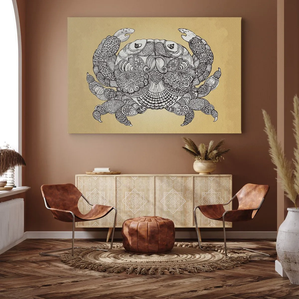 Cuadro sobre lienzo - Impresión de Imagen - Dibujo decorativo de un cangrejo sobre fondo dorado. - 120x80cm - Cuentos del Sr. Cangrejo - Decoración de pared moderna para salón y dormitorio ARTTOR