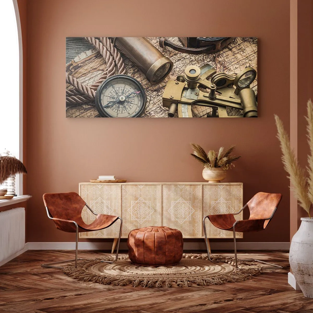 Cuadro sobre lienzo - Impresión de Imagen - Una brújula, un sextante y un telescopio sobre el fondo de un mapa antiguo y una cuerda náutica. - 140x50cm - Establecer un rumbo - Decoración de pared moderna para salón y dormitorio ARTTOR
