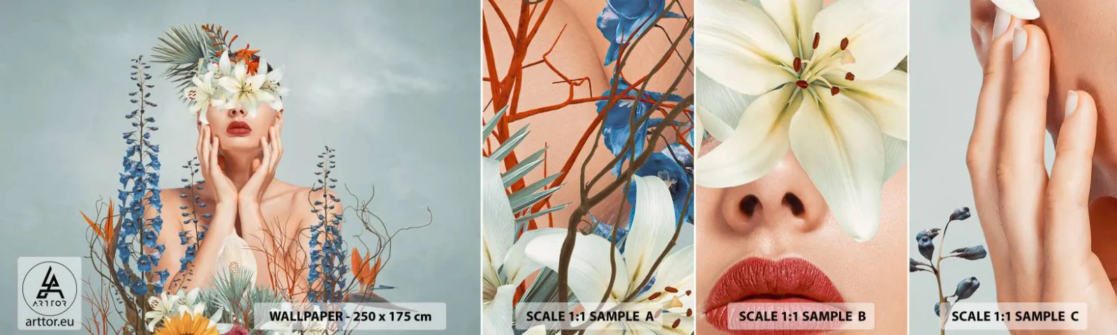 Muestra de fotomural autoadhesivo Deluxe Sticker - Mujer-flor - Abstracción, Mujer, flores - 100x30 cm