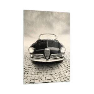 Cuadro sobre vidrio - Impresiones sobre Vidrio - Coche clásico en carretera adoquinada en blanco y negro - 50x70cm - ¿Y cómo no quererme? - Decoración de pared moderna para salón y dormitorio ARTTOR