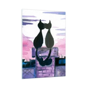 Cuadro sobre vidrio - Impresiones sobre Vidrio - Siluetas de dos gatos contra el sol poniente - 50x70cm - Cita bajo la luna - Decoración de pared moderna para salón y dormitorio ARTTOR