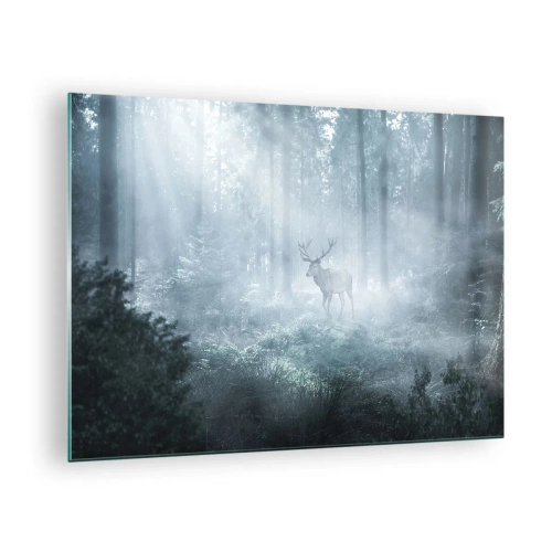 Cuadro sobre vidrio - Impresiones sobre Vidrio - Un ciervo en un bosque brumoso iluminado por los rayos del sol de la mañana. - 70x50cm - Ronda matutina por la finca - Decoración de pared moderna para salón y dormitorio ARTTOR