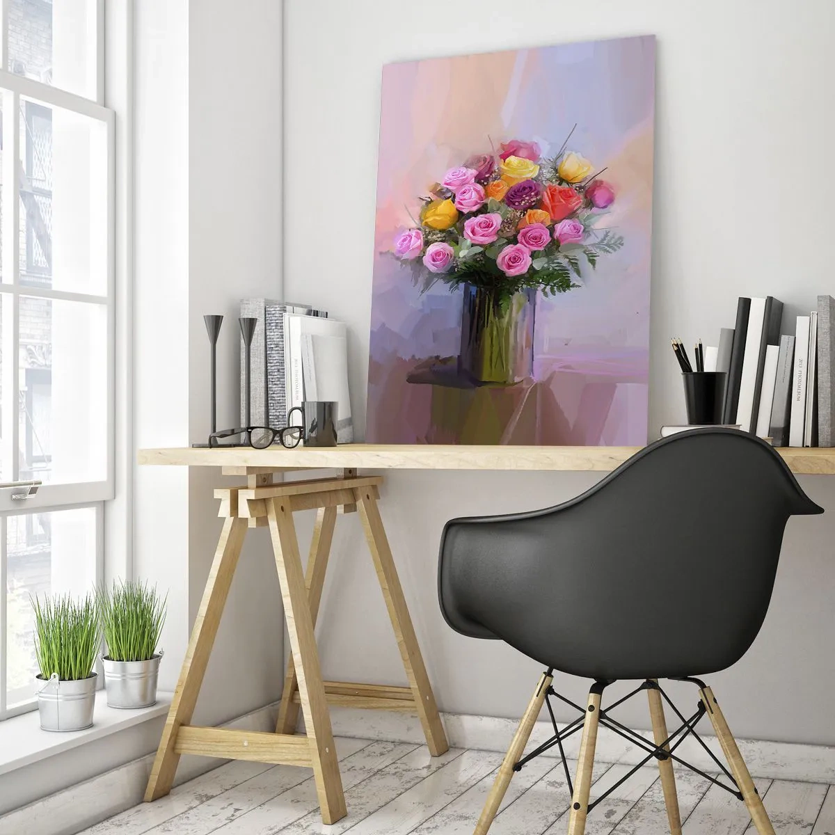 Cuadro sobre vidrio - Impresiones sobre Vidrio - Un ramo de rosas en un jarrón de cristal sobre un fondo pastel. - 50x70cm - Belleza inmortalizada - Decoración de pared moderna para salón y dormitorio ARTTOR