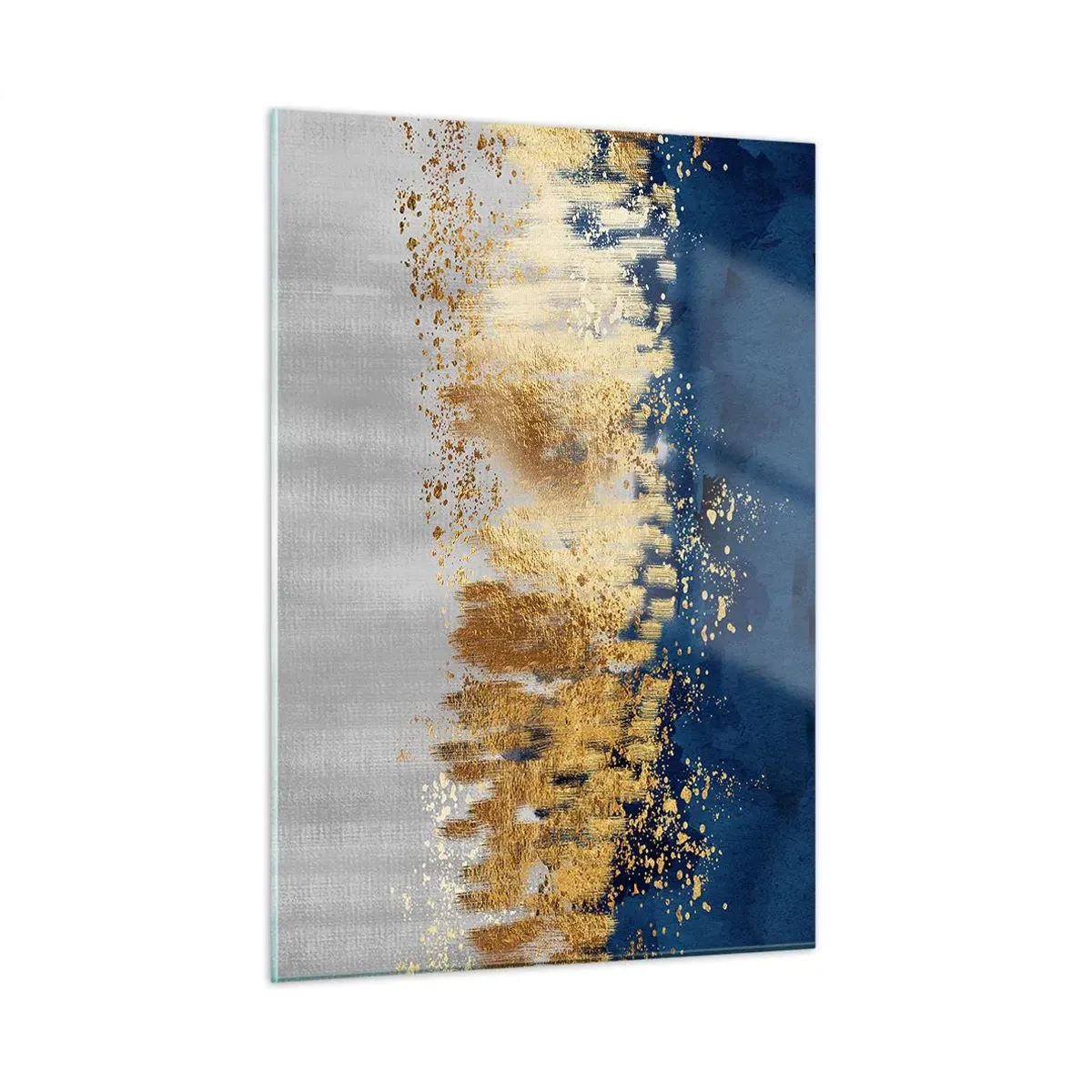 Cuadro sobre vidrio - Impresiones sobre Vidrio - Acentos dorados sobre un fondo azul marino y plateado. - 50x70cm - Composición moderna con chispas - Decoración de pared moderna para salón y dormitorio ARTTOR