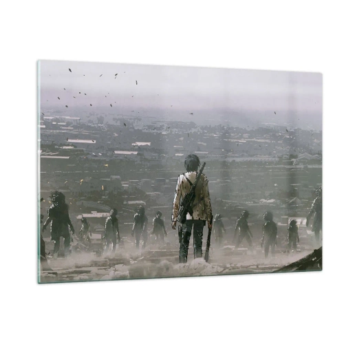 Cuadro sobre vidrio - Impresiones sobre Vidrio - Una figura con un rifle en el oscuro escenario de un grupo que se acerca. - 120x80cm - Soy leyenda - Decoración de pared moderna para salón y dormitorio ARTTOR