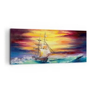 Cuadro sobre lienzo - Impresión de Imagen - Un velero con el telón de fondo de una colorida puesta de sol. - 120x50cm - Valientemente surcando las olas - Decoración de pared moderna para salón y dormitorio ARTTOR