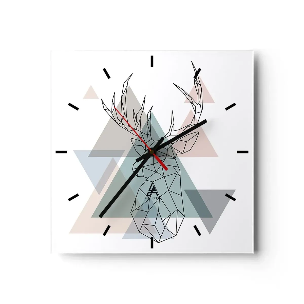 Reloj de pared - Reloj de vidrio - Ciervo geométrico sobre un fondo de triángulos pastel. - 30x30cm - En un bosque geométrico - Decoración de pared moderna para salón y dormitorio ARTTOR
