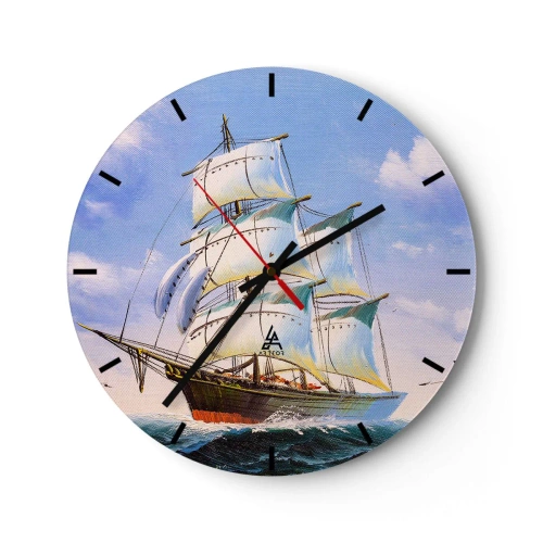 Reloj de pared - Reloj de vidrio - Veleros pictóricos en un mar tempestuoso bajo un cielo azul - 30x30cm - Orgulloso con el viento - Decoración de pared moderna para salón, cocina y dormitorio ARTTOR