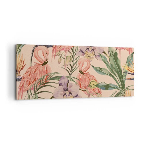 Cuadro sobre lienzo - Impresión de Imagen - Flamencos y flores tropicales sobre un fondo claro. - 120x50cm - Un ballet rosa en flores - Decoración de pared moderna para salón y dormitorio ARTTOR