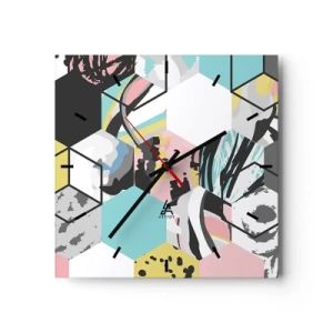 Reloj de pared - Reloj de vidrio - Patrón hexagonal geométrico con detalles abstractos coloridos - 30x30cm - Hexágonos y cubos en seis colores - Decoración de pared moderna para salón y dormitorio ARTTOR