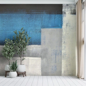 Fotomural Premium Sand - Una composición abstracta de rectángulos en azul y gris. - 100x70cm - Composición poética de gris y azul - Decoración de pared moderna para salón y dormitorio ARTTOR