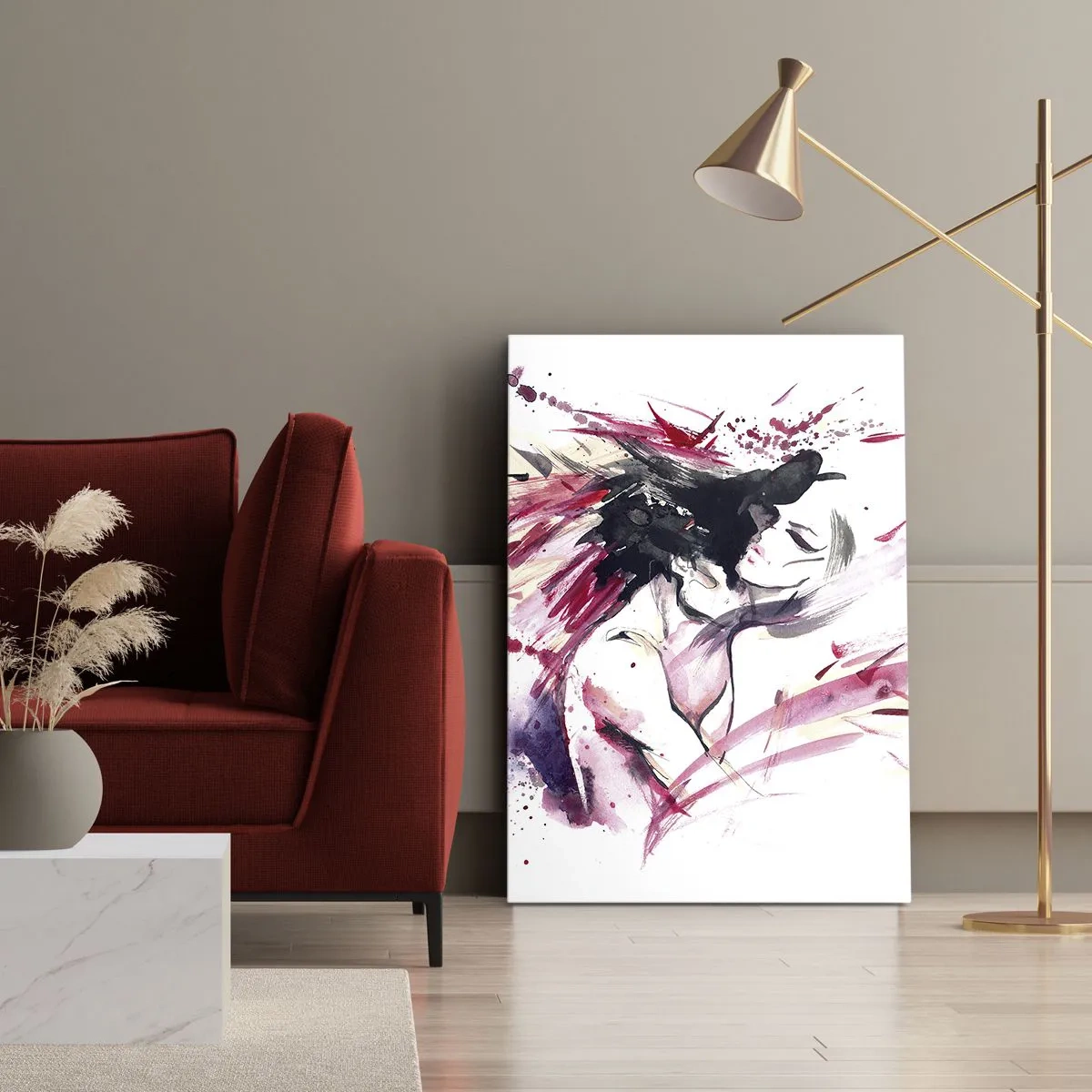 Cuadro sobre lienzo - Impresión de Imagen - Retrato abstracto de una mujer con acentos rojos dinámicos. - 50x70cm - La plenitud del amor - Decoración de pared moderna para salón y dormitorio ARTTOR