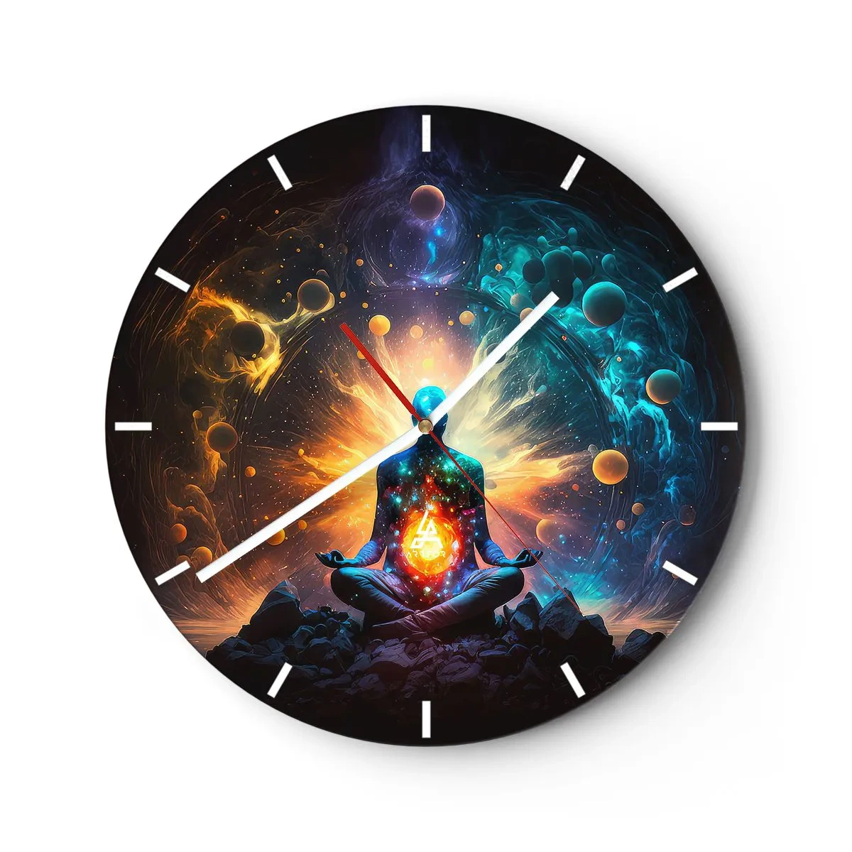Reloj de pared - Reloj de vidrio - Una figura en meditación rodeada de energía cósmica y planetas. - 30x30cm - Tranquilidad cósmica - Decoración de pared moderna para salón, cocina y dormitorio ARTTOR